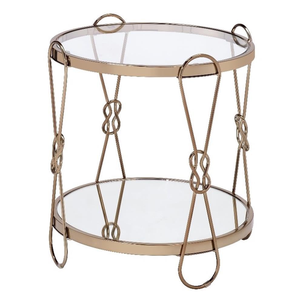 Acme Zekera Round Mirrored Top End Table with Metal Tube in Mirrored and Gold