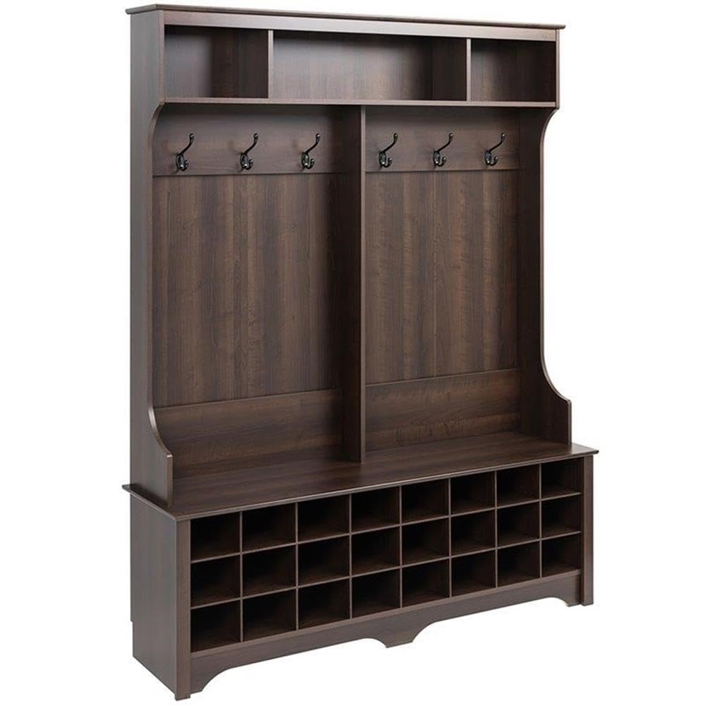 Prepac Brown Hall Tree, Shoe Cabinet, Storage Cabinet with 24 Shoe Cubbies and 6 Double Coat Hooks 15.5 D x 60 W x 77 H