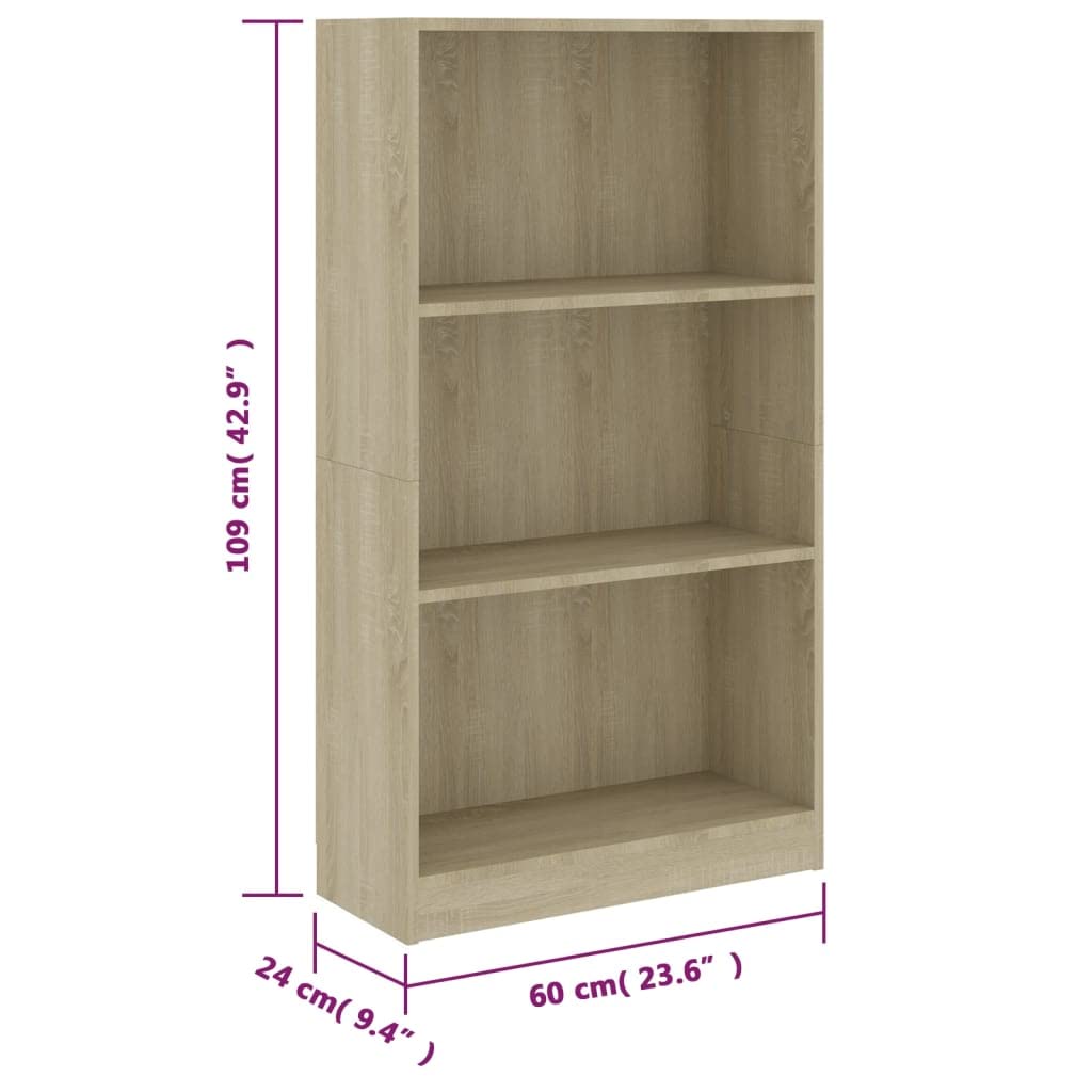 vidaXL Bookshelf, 3-Layer Design Bookcase, Freestanding Display Storage, Display Shelf for Living Room, Modern, Sonoma Oak Engineered Wood