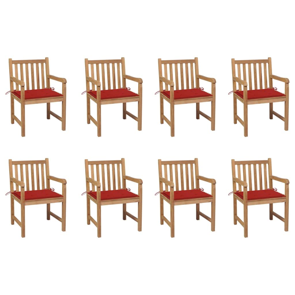 Vidaxl 8X Solid Teak Wood Patio Chairs With Red Cushions Garden Seating Backyard Outdoor Armchairs Seating Wooden Chairs With Arms