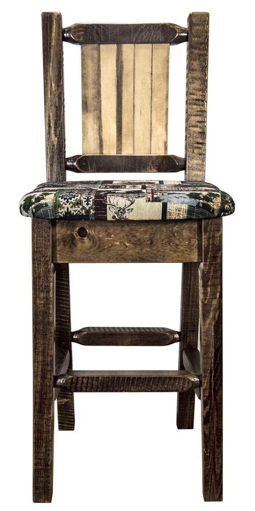 Montana Woodworks Homestead Collection Counter Height Barstool with Upholstered Seat, Woodland Pattern, Laser Engraved Moose Design, Stained & Lacquered