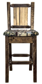 Montana Woodworks Homestead Collection Counter Height Barstool with Upholstered Seat, Woodland Pattern, Laser Engraved Moose Design, Stained & Lacquered