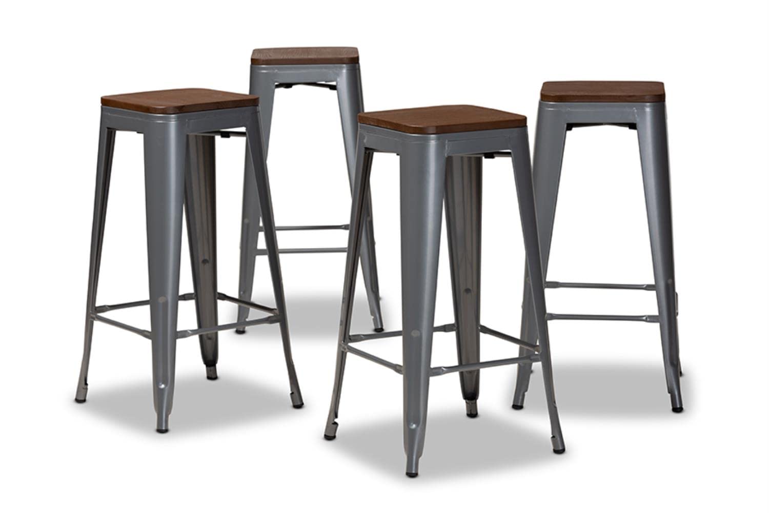 Baxton Studio Horton Modern and Contemporary Grey Metal and Walnut Brown Finished Wood 4-Piece Bar Stool Set