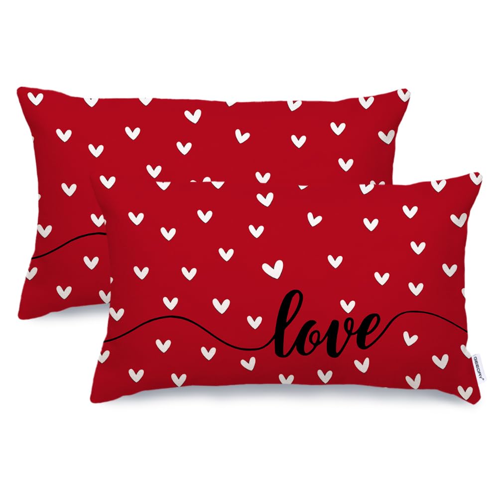 Geeory Valentines Day Pillow Covers 12X20 Inch Set Of 2, Red Hearts Love Farmhouse Decorative Throw Pillowcases For Home Sofa Co