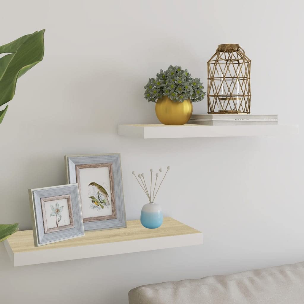 vidaXL Floating Wall Shelves, Set of 2, Oak and White, 23.6&quot;x9.3&quot;x1.5&quot;, Modern Design, Honeycomb MDF and Metal Frame