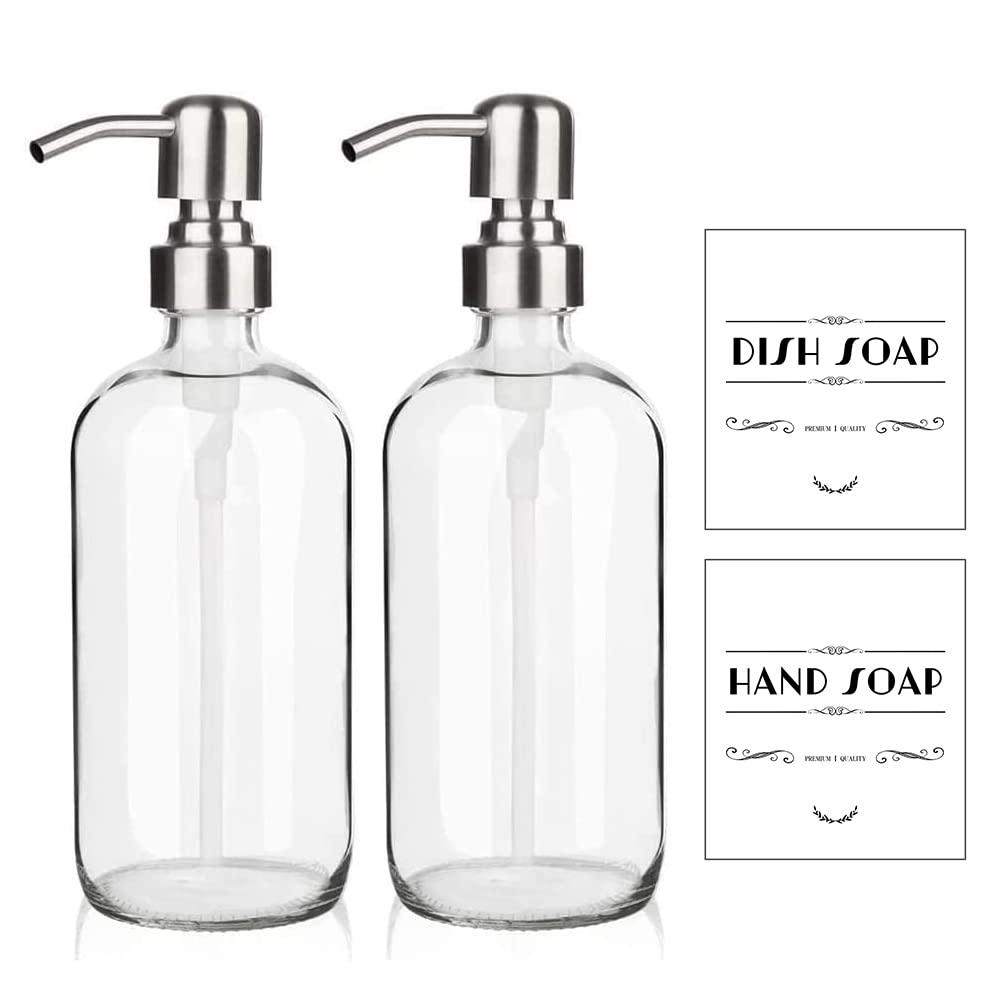 ARKTEK 2 Pack Glass Soap Dispenser - Clear Dish Soap Dispenser for Kitchen, Refillable Liquid Hand Soap Dispenser with Rust Proo
