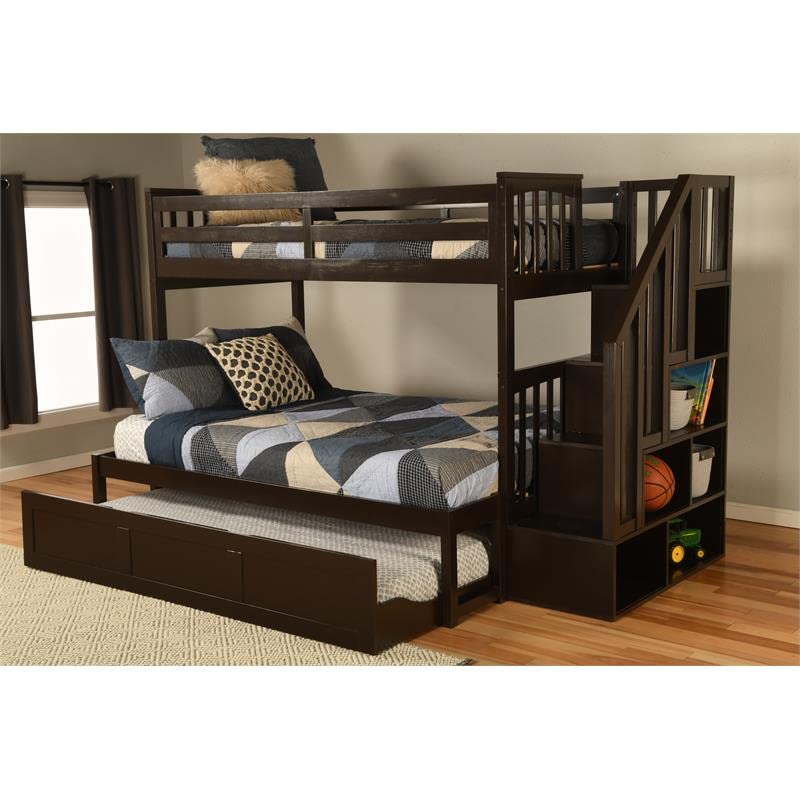 Kodiak Furniture Kelcie Twin/Full Wood Bunk Bed with Storage and Trundle in Dark Chocolate Brown