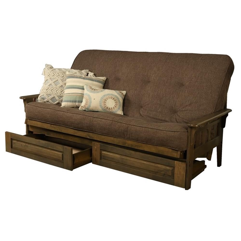 Kodiak Tucson Queen Futon Frame with Storage Drawers - Wood Futon Set with Mattress Included in Suede Fabric Mattress (Black/Walnut)
