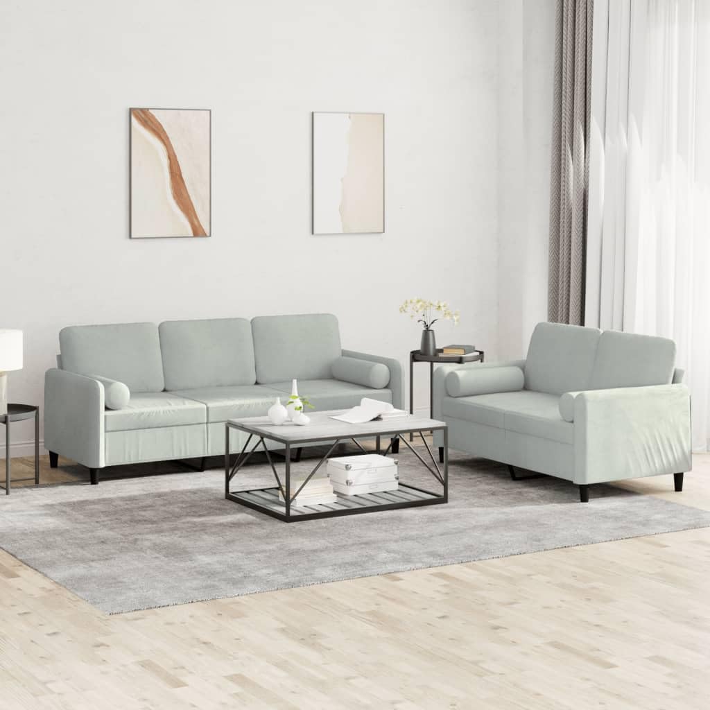 vidaXL Modern 2-Piece Sofa Set in Light Gray Velvet - Padded for Comfort with Sturdy Metal and Plywood Frame and Roll Pillows - Ideal for Living Room Area