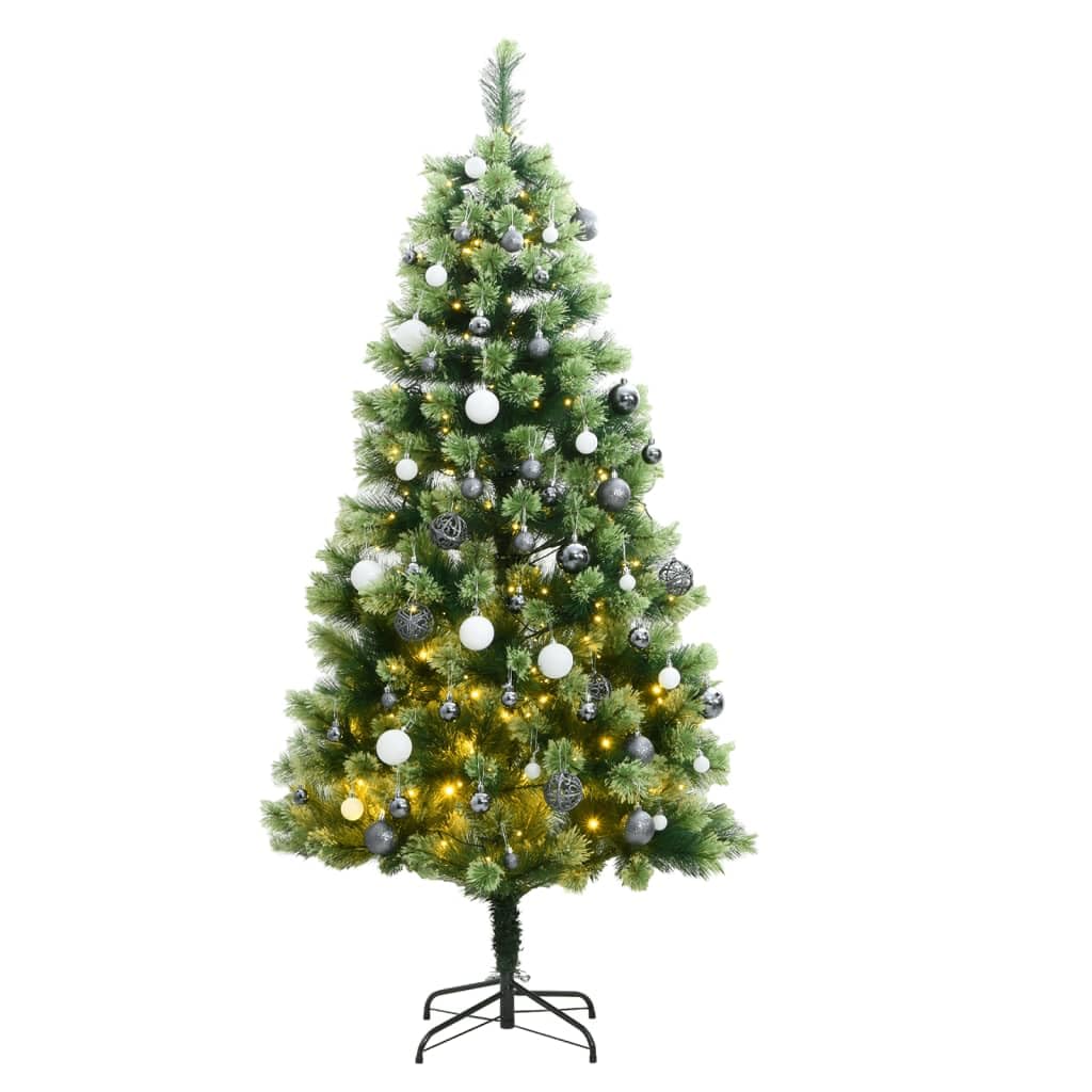 VidaXL Green Artificial Hinged Christmas Tree - 59.1&quot; with 150 LEDs String, Different Lighting Effects and Decorative Ball Set - Sturdy Metal Stand Christmas Decoration