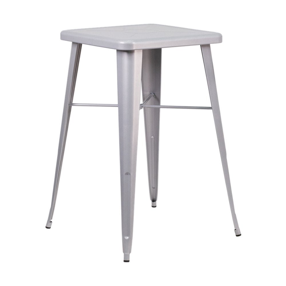 Flash Furniture Stone Commercial Grade 23.75" Square Silver Metal Indoor-Outdoor Bar Table Set with 2 Square Seat Backless Stools