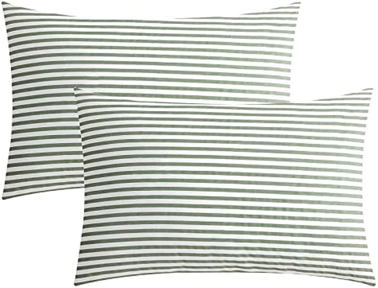 Jellymoni 100% Natural Cotton Striped Queen Pillowcases Set, 2 Pack White And Green Stripes Pattern Printed Pillow Covers With E