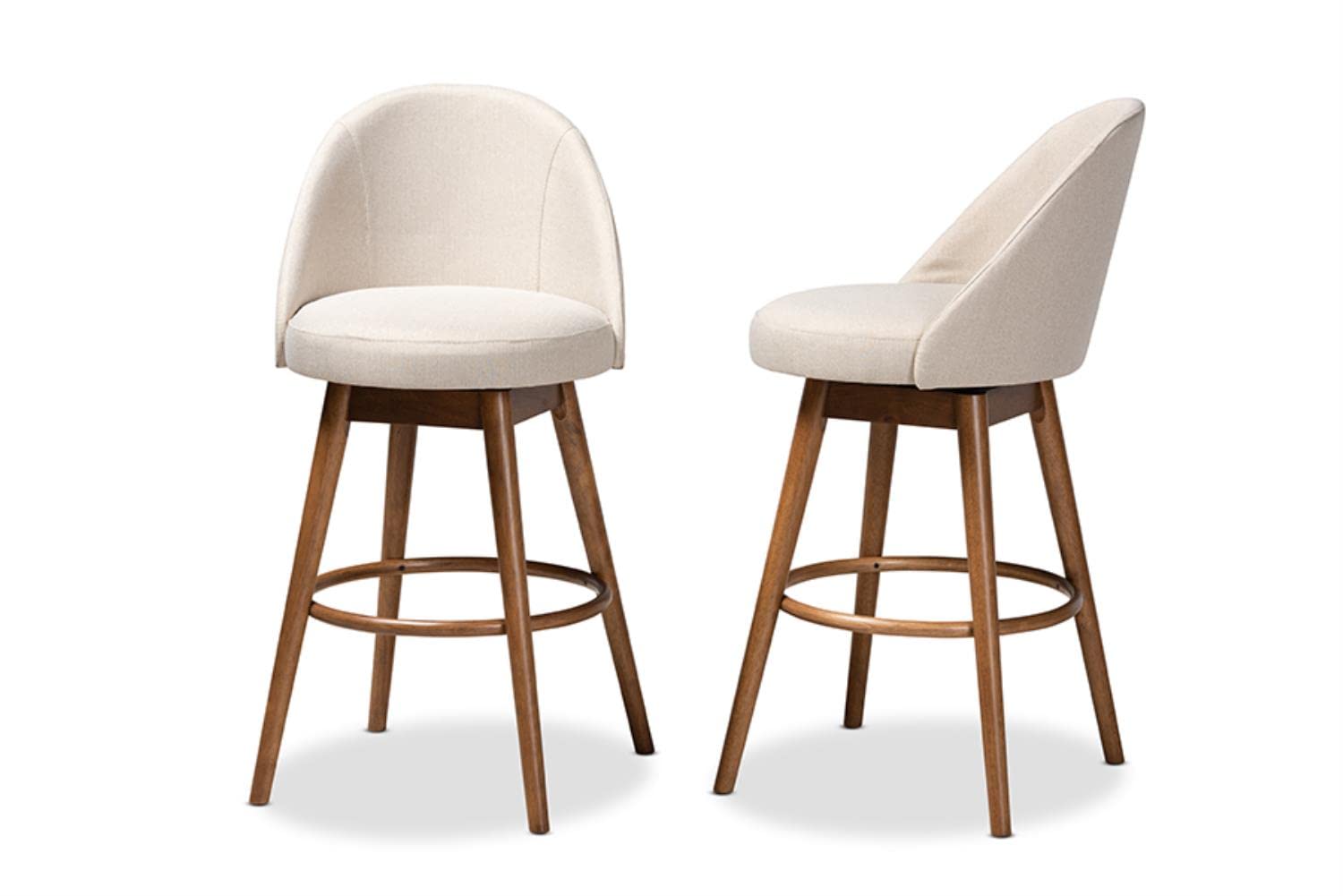 Baxton Studio Carra Mid-Century Modern Light Beige Fabric Upholstered Walnut-Finished Wood Swivel Bar Stool (Set of 2)