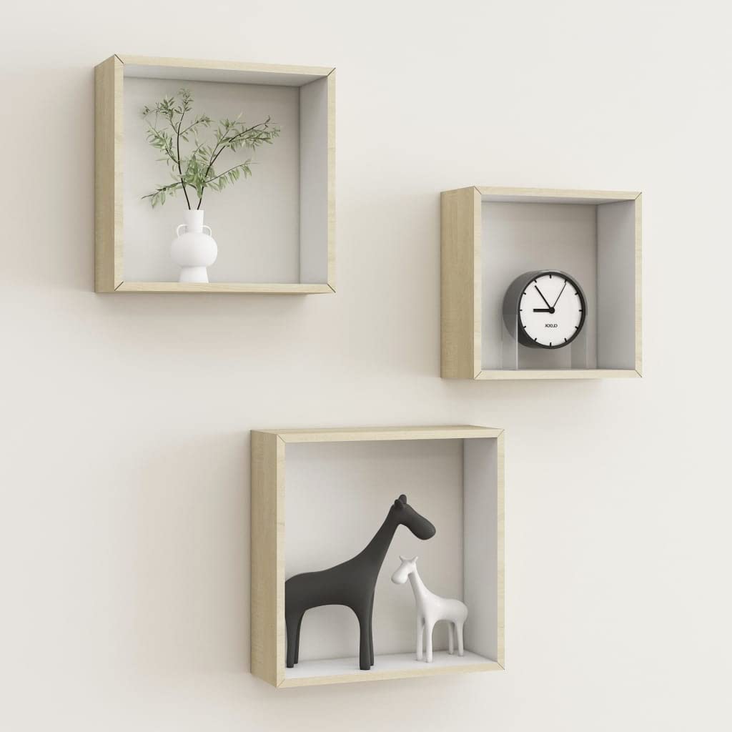 vidaXL 3 pcs Wall Cube Shelves in White and Sonoma Oak - Stylish Floating Shelves with Invisible Mounting, MDF Construction for Sturdy, Decorative Display