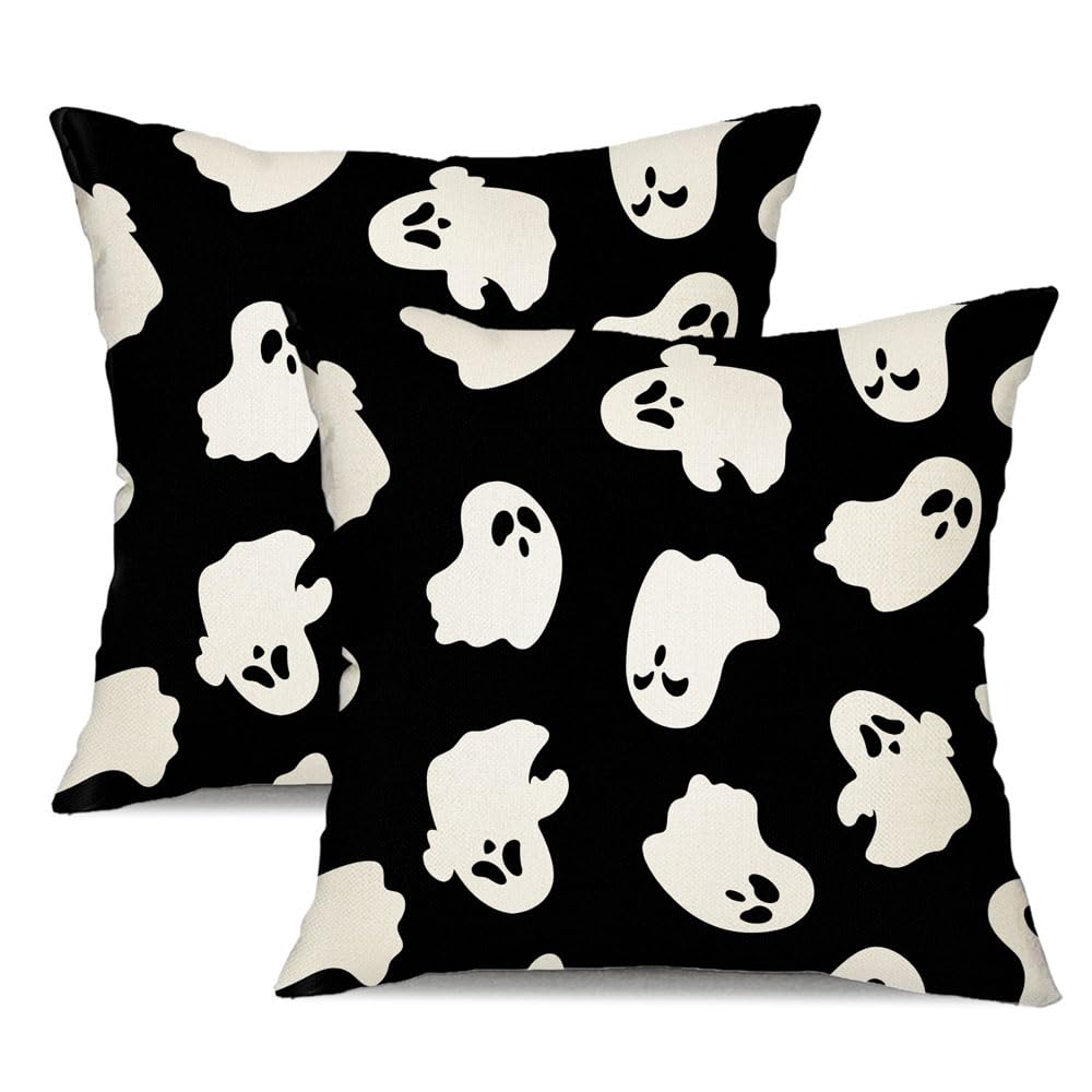 Dfxsz Halloween Pillow Covers 16X16 Inch Set Of 2 Happy Halloween White Ghost Decor Black Pillow Covers Happy Halloween Sofa Bed