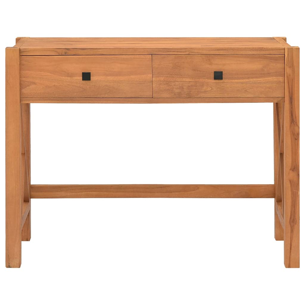 vidaXL Teak Wood Desk for Home Office - Rustic Solid Wood Computer Desk/Console Table with 2 Drawers, Sturdy X-Leg Design, Unique Grain - 39.4&quot;x15.7&quot;x29.5&quot;