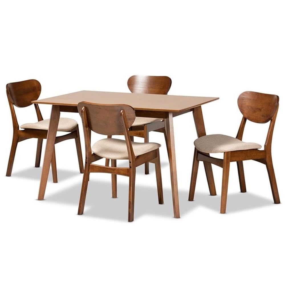 Baxton Studio Katya Mid-Century Modern Sand Fabric Upholstered and Walnut Brown Finished Wood 5-Piece Dining Set
