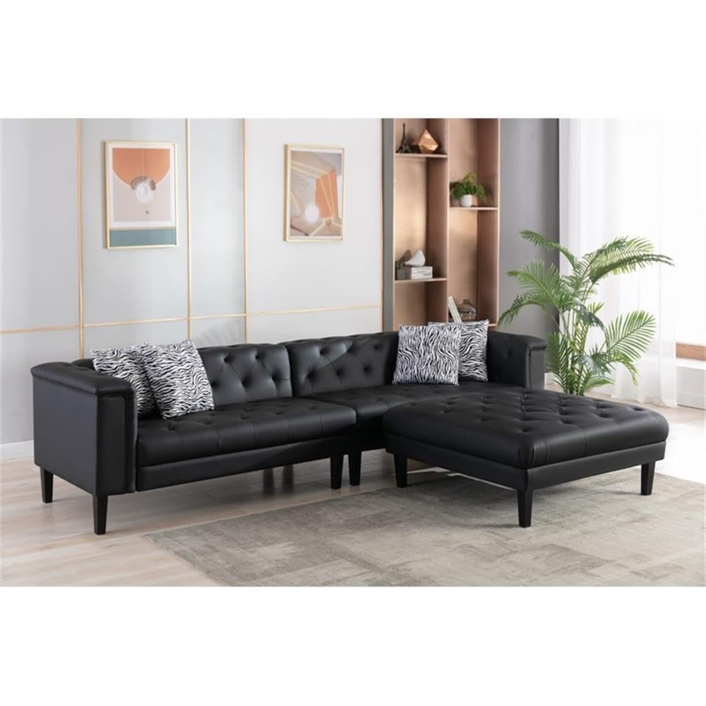 Lilola Home Sarah Black Vegan Leather Tufted Sofa Ottoman Living Room Set - Thumbnail 3
