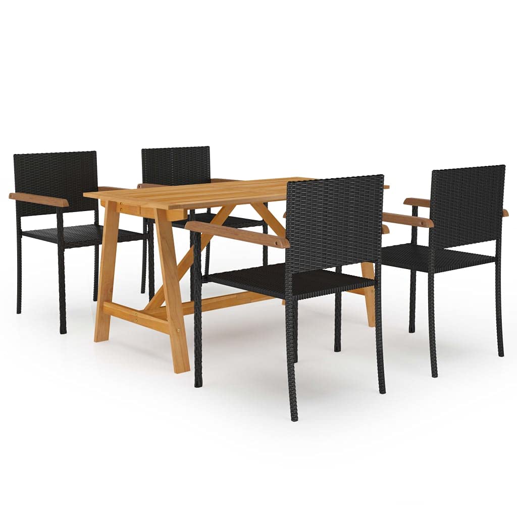 vidaXL 5 Piece Patio Dining Set - Solid Acacia Wood Table with Powder-Coated Steel Frame Chairs - Weather-Resistant PE Rattan - Black & Brown
