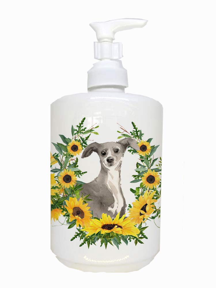 Caroline's Treasures CK2936SOAP Italian Greyhound in Sunflowers Ceramic Soap Dispenser Hand Soap Dispenser Pump Bottles for Bath