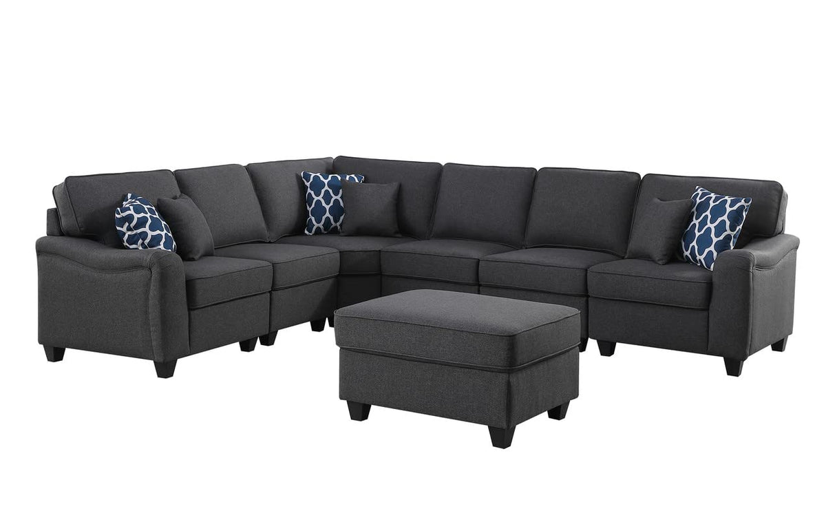 Lilola Home Leo Dark Gray Linen 7Pc Modular L-Shape Sectional Sofa and Ottoman