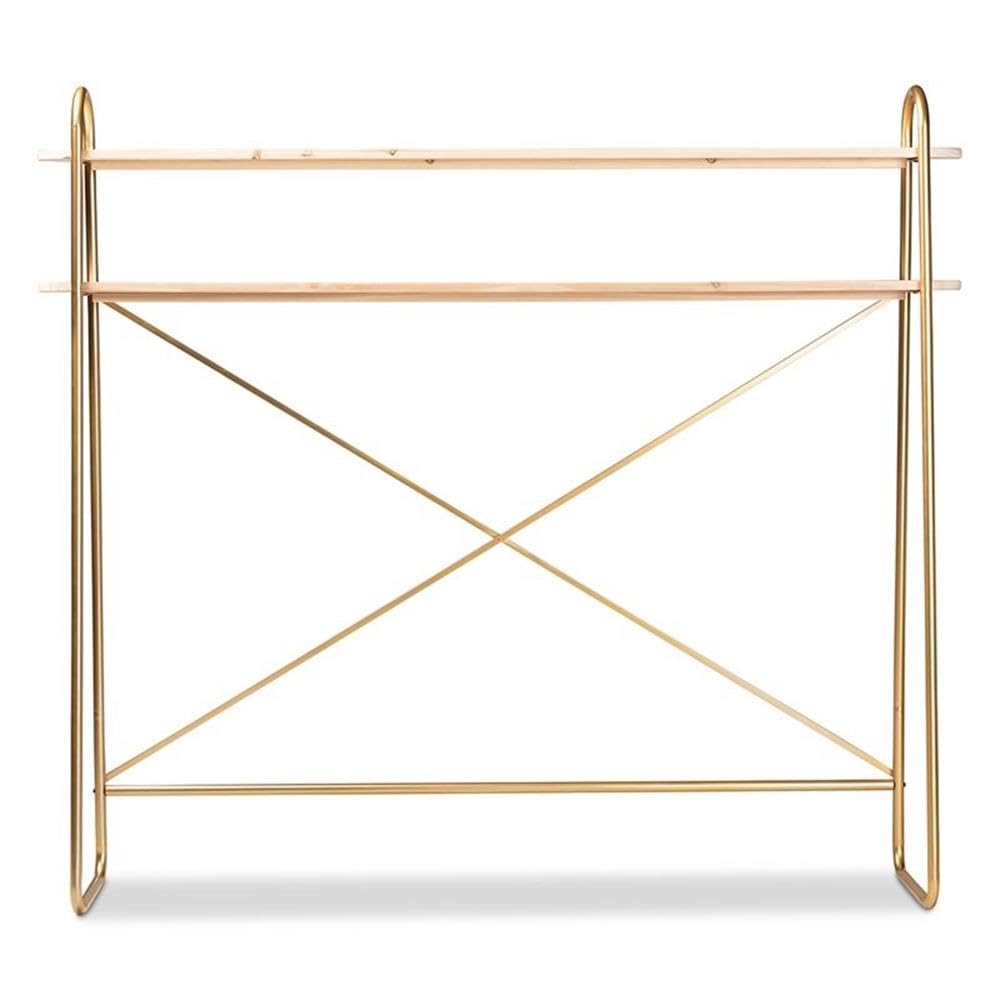 Baxton Studio Merida Glam and Luxe Brushed Gold Finished Metal and Natural Brown Finished Wood 2-Tier Over Bed Queen Size Storage Display Shelf