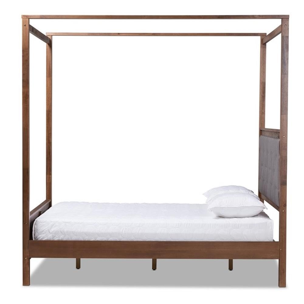 Baxton Studio Natasha King Size Grey Upholstered Walnut Finished Canopy Bed