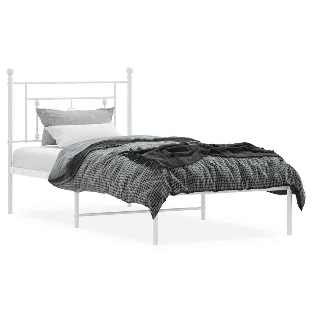 vidaXL Metal Bed Frame with Supportive Headboard and Extra Storage - Suitable for 39.4x78.7 Mattress, Powder-Coated Steel Construction, White