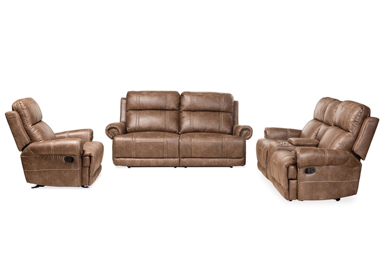 Baxton Studio Buckley Light Brown Faux Leather 3-Piece Reclining Living Room Set