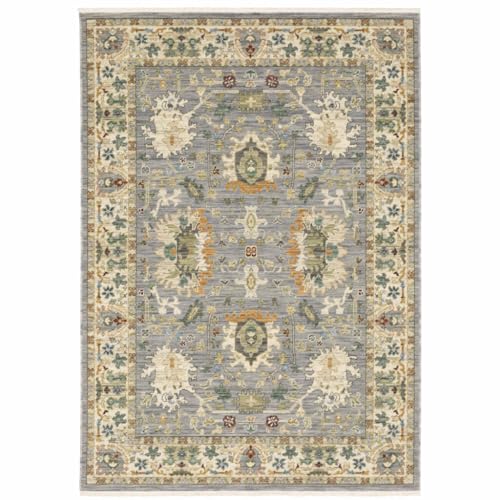 HomeRoots 509294 8 x 11 ft. Gray Ivory Orange Teal Green Charcoal Blue & Red Oriental Power Loom Stain Resistant Rectangle Area Rug with Fringe