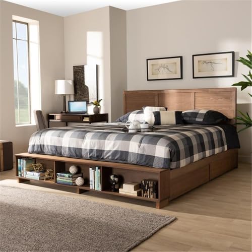 Baxton Studio Tamsin Modern Transitional Ash Walnut Brown Finished Wood King Size 4-Drawer Platform Storage Bed with Built-In Shelves