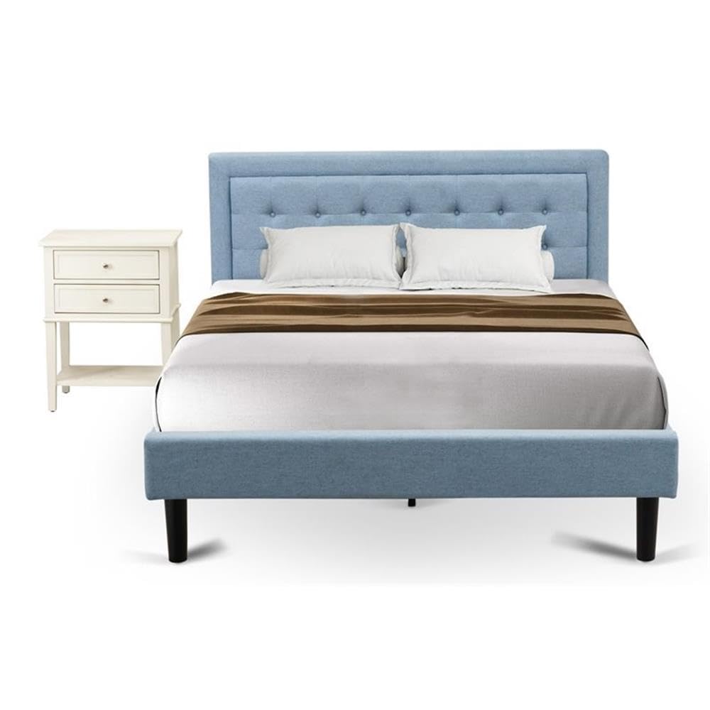 East West Furniture FN11Q-1VL0C 2-Piece Platform Queen Bed Set Furniture with 1 Queen Wood Bed Frame and a Night Stand for Bedrooms - Reliable and Sturdy Manufacturing - Denim Blue Linen Fabric