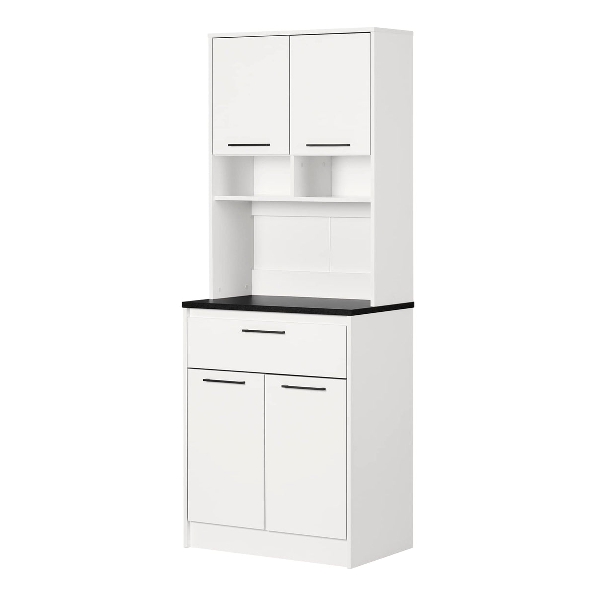 South Shore Myro Pantry Cabinet With Microwave Hutch, Faux Black Stone And White