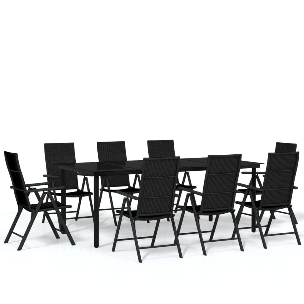 vidaXL 9-Piece Patio Dining Set - Black Steel Table with Glass Top & 8 Reclining PE Rattan Chairs - Outdoor Garden Furniture