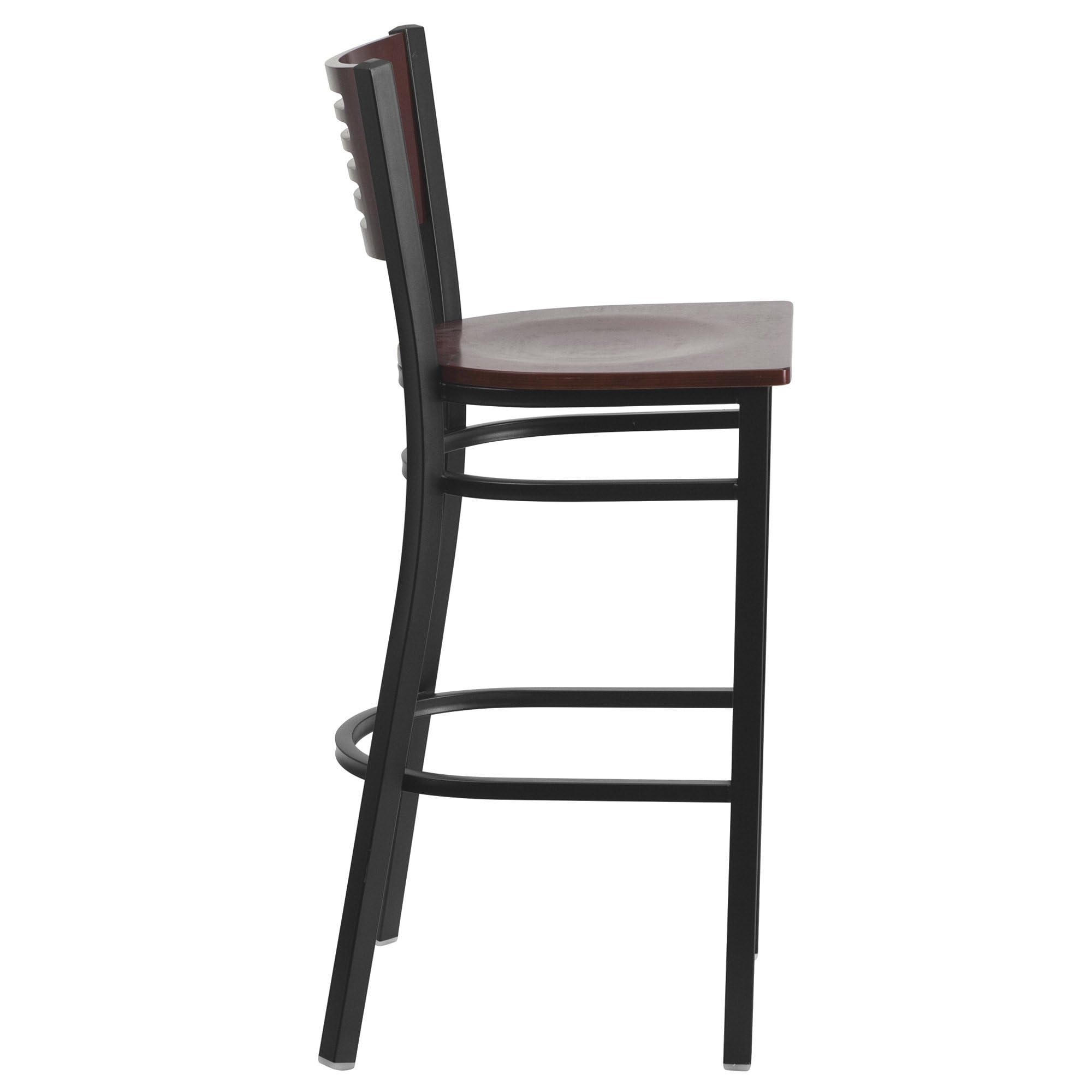 Flash Furniture Hercules Series Black Slat Back Metal Restaurant Barstool - Mahogany Wood Back & Seat