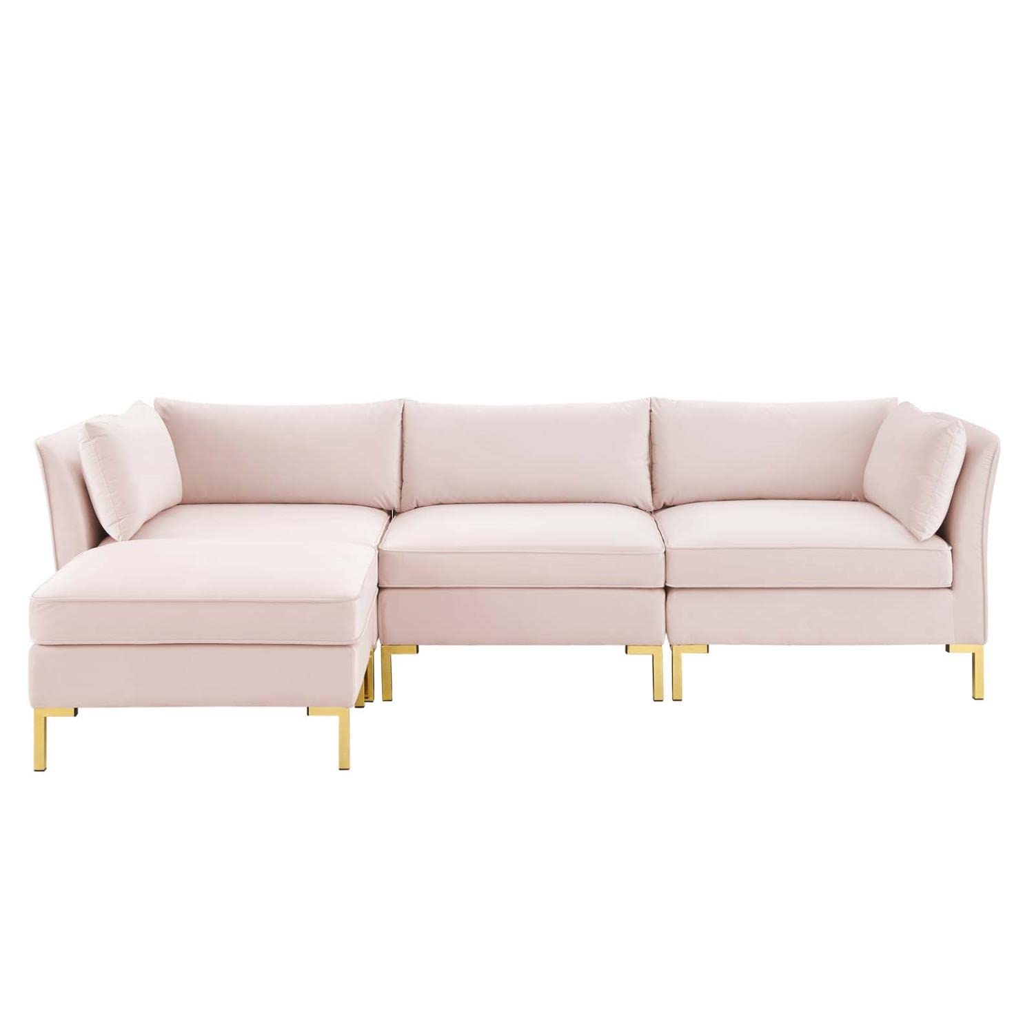 Modway Ardent Performance Velvet Sectional Sofa, 4 Piece W/Chaise, Pink