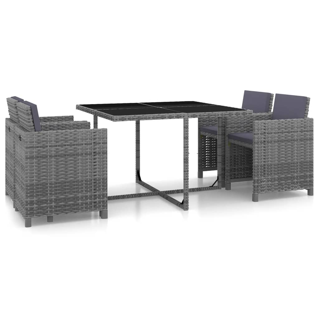 vidaXL 5-Piece Patio Dining Set - Durable Powder-Coated Steel Frame and Water-Resistant PE Rattan Construction - Gray with Foam-Filled Cushions and Glass Tabletop
