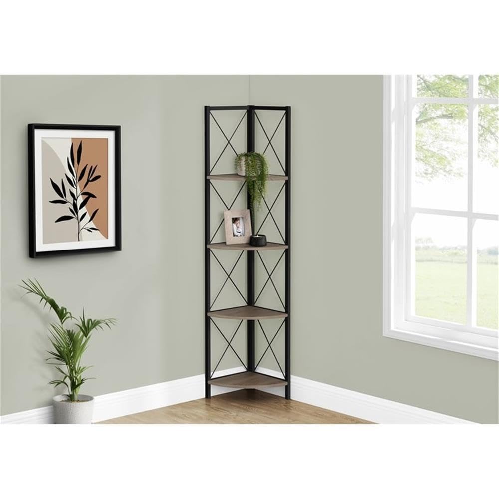 Monarch Specialties I 3648 Bookshelf, Bookcase, Etagere, Corner, 4 Tier, 60&quot; H, Office, Bedroom, Metal, Laminate, Brown, Black, Contemporary, Modern