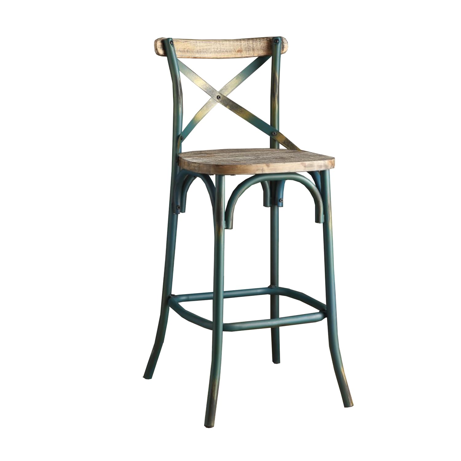 Benjara Benzara Wooden And Metal Bar Height Chair With X-Style Panel Back, Blue,