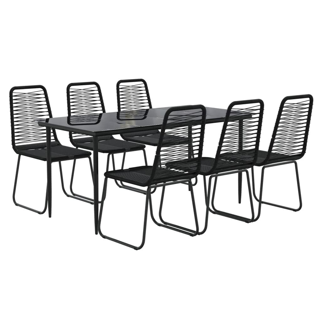 vidaXL Modern Outdoor 7 Piece Patio Dining Set with Sturdy Frame, Weather-Resistant Black Poly Rattan Furniture and Easy-Clean Tempered Glass Tabletop.