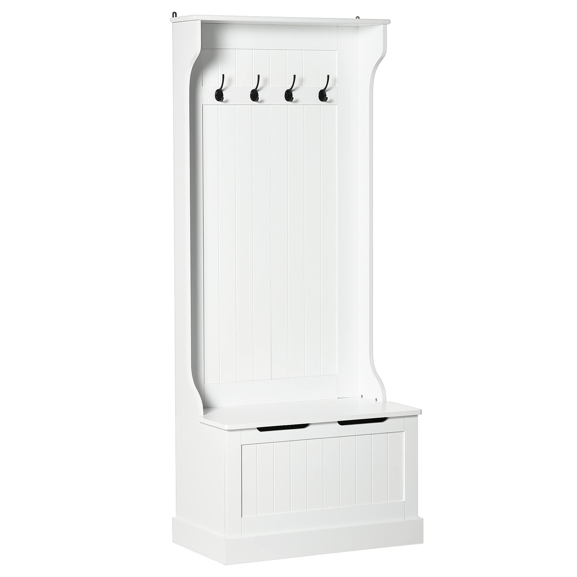 HOMCOM 3-In-1 Entryway Hall Tree with Storage Bench, Coat Rack with Four Hooks, and Shoe Storage, White