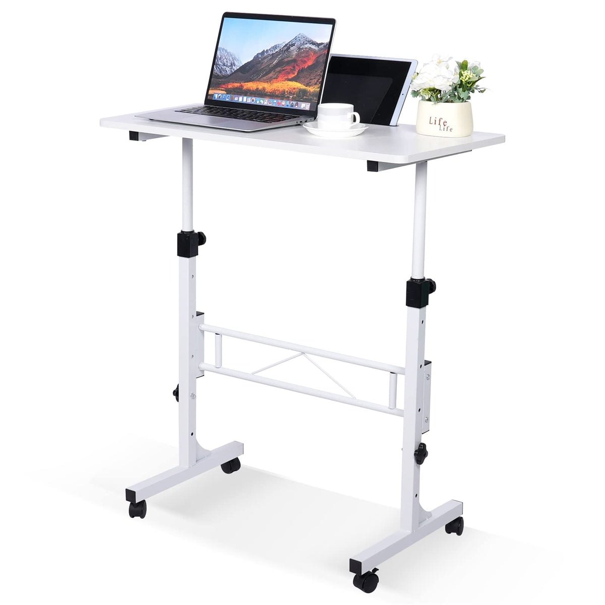 Klsmyhoki Standing Desk Adjustable Height, Mobile Stand Up Desk With Wheels Small Computer Desk Rolling Desk, Portable Laptop Desk White Standing Table Home Office Desks 16'X31.5' Height 27'-43.5'
