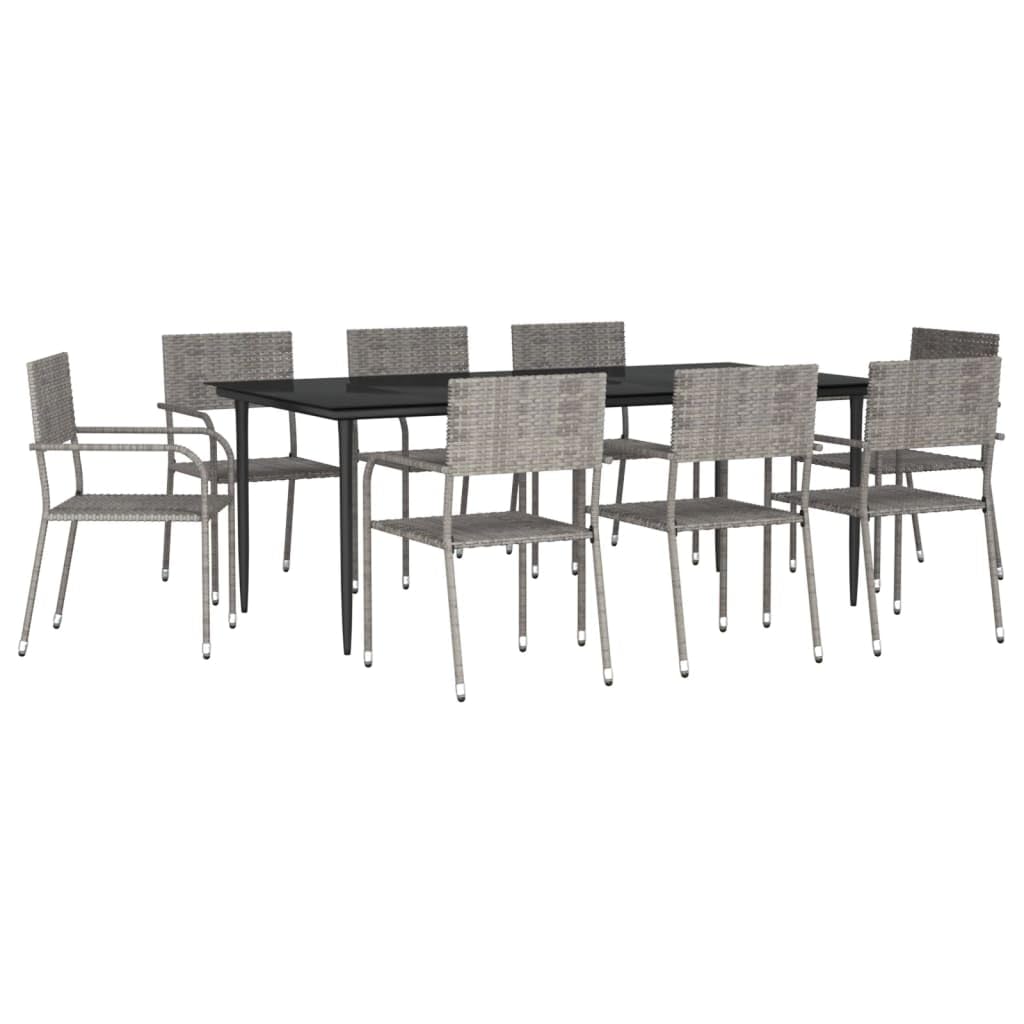 vidaXL 9-Piece Patio Dining Set - Poly Rattan and Steel Construction in Gray and Black with Tempered Glass Tabletop, Lightweight Stackable Chairs