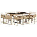 vidaXL 11-Piece Patio Dining Set with Cushions - Beige PE Rattan Includes Table and 10 Chairs, Weather-Resistant Material, Tempered Glass Top for Outdoor, Garden, Backyard or Deck