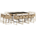 vidaXL 11-Piece Patio Dining Set with Cushions - Beige PE Rattan Includes Table and 10 Chairs, Weather-Resistant Material, Tempered Glass Top for Outdoor, Garden, Backyard or Deck