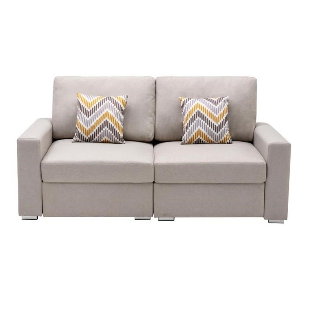 Lilola Home Nolan Beige Linen Fabric Loveseat with Pillows and Interchangeable Legs