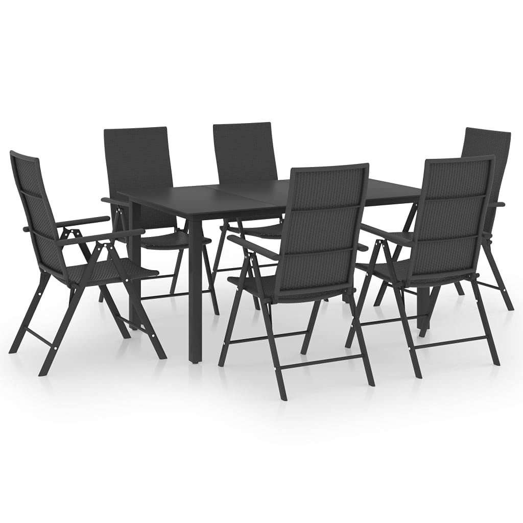 vidaXL 7 Piece Patio Dining Set - Outdoor Black Rattan Furniture with Reclining Chairs and Glass Tabletop for Garden, Terrace
