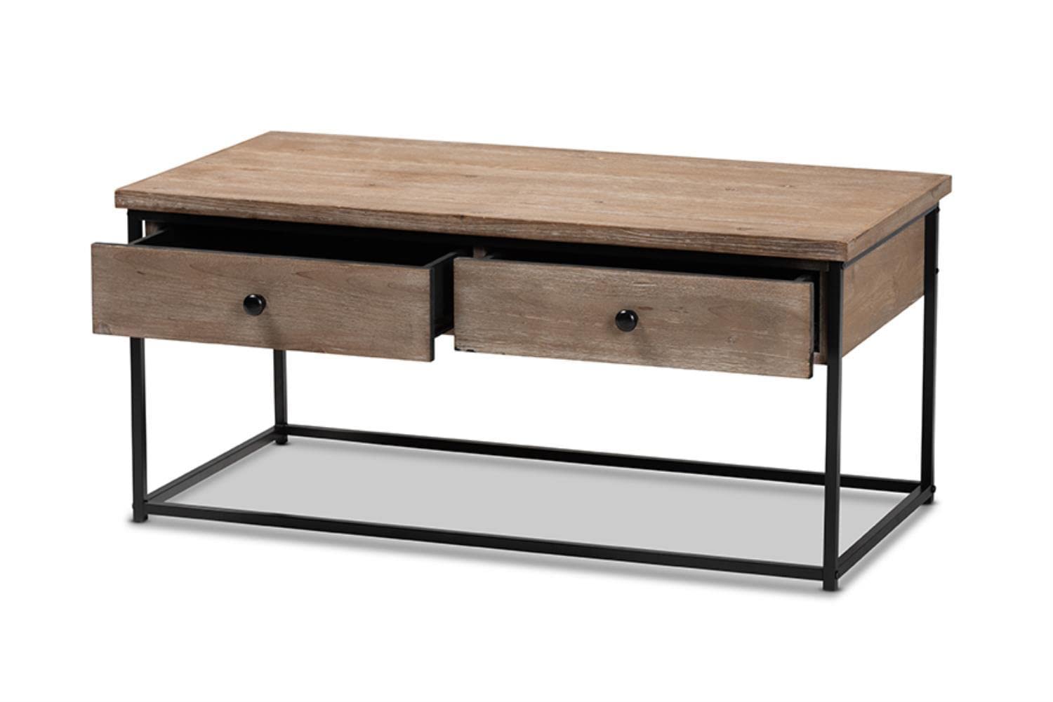 Baxton Studio Roderick Modern and Contemporary Weathered Oak Finished Wood and Black Metal 2-Drawer Coffee Table