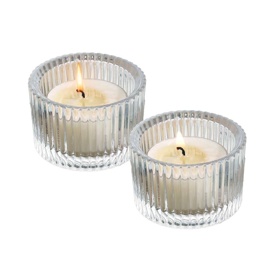 Clear Tealight Candle Holder Set of 2,Glass Votive Candle Holders, Decorative Round Ribbed Candle Holders for Home Decor (Clear)