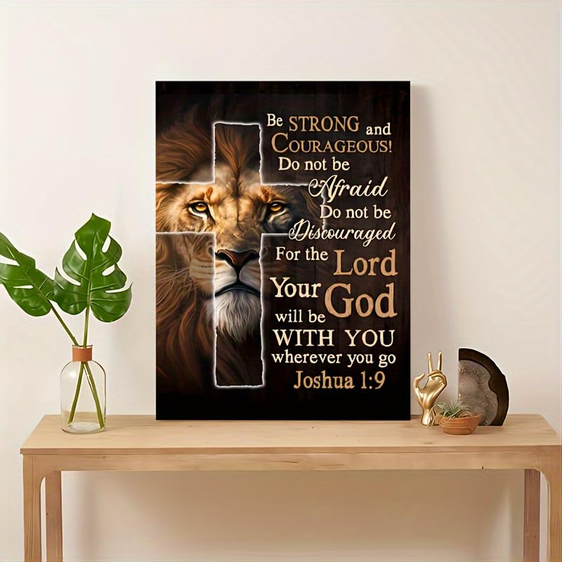 KACHI PENCIL Wooden Framed Canvas Painting, Lion Of Judah, Joshua 1:9 Be Strong And Courage Wall Art Prints With Frame, For Livi